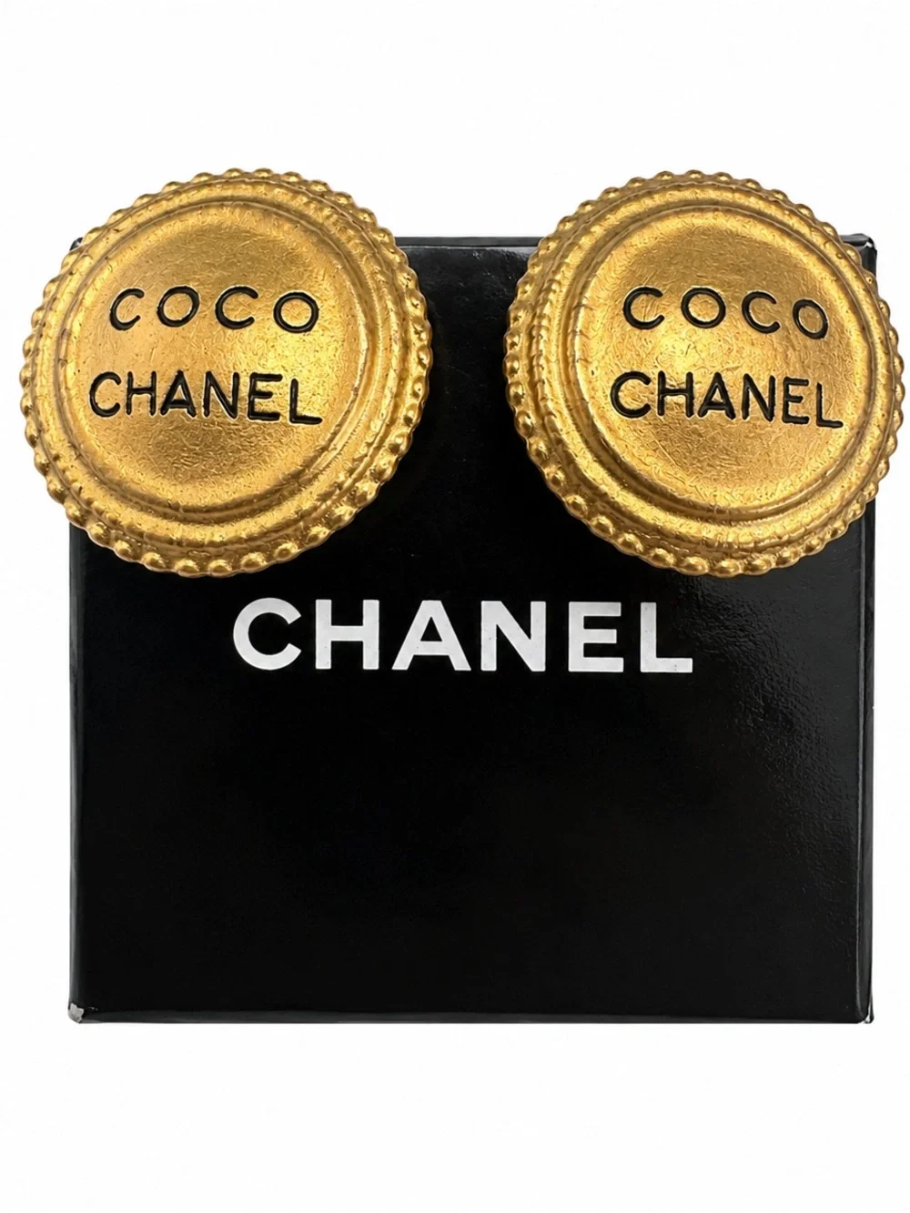 RARE Vintage CHANEL 94A COCO CHANEL Gold Button Clip-On Earrings 1.4” w/ Box